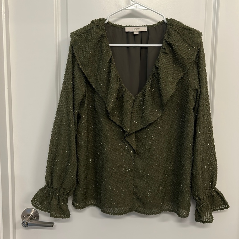 LOFT V Neck Green Long Sleeve Shirt [S]